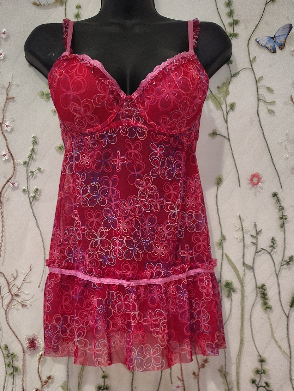 Vintage Enchanted Y2K Pink Red Floral Mesh Babydoll Slip DressExcellent vintage